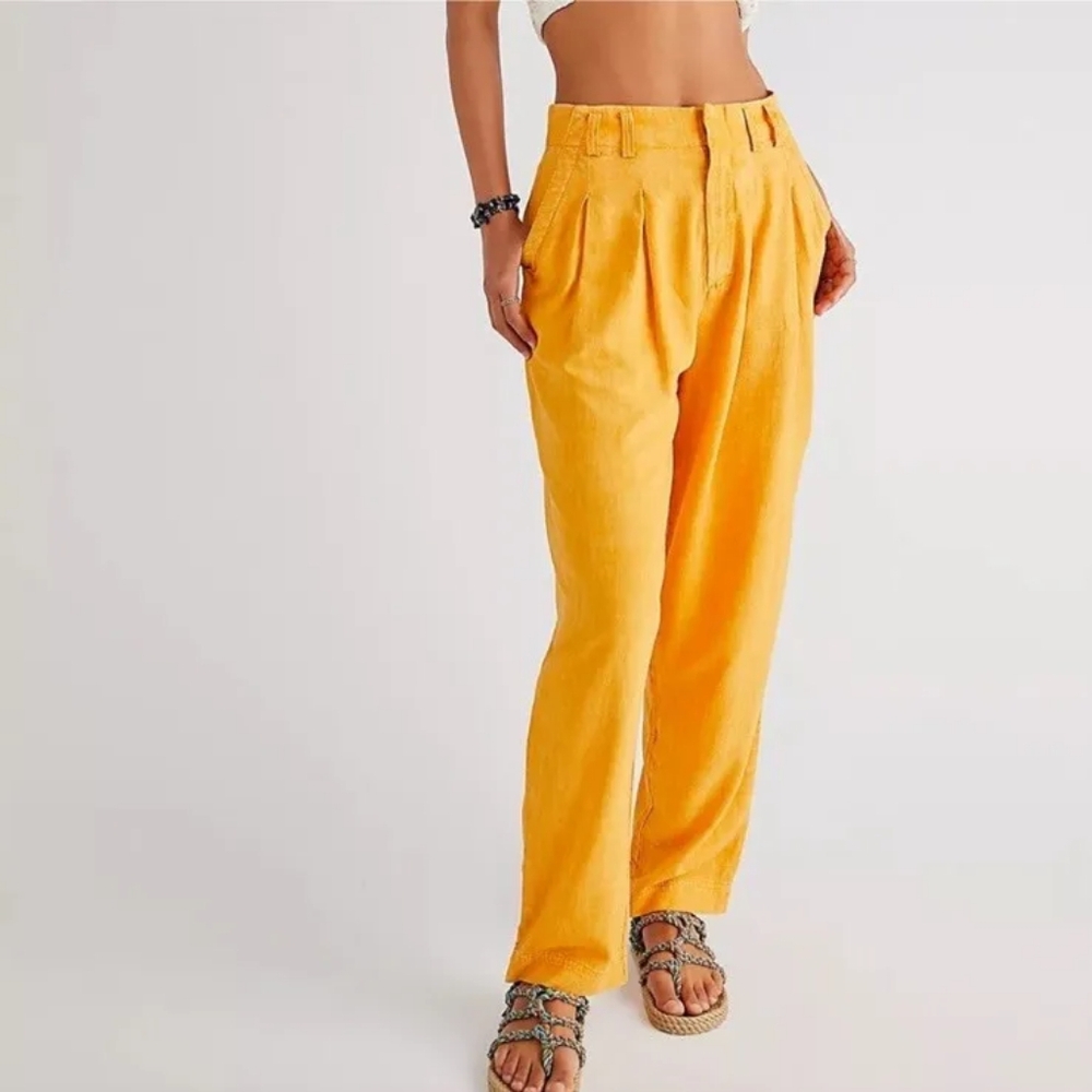 NWT Free People Calla Linen Blend Pleated Slouchy Trousers Butter Stone - Size 6